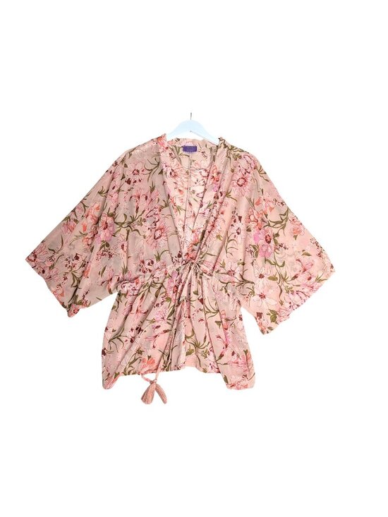 David & Young Sweaters - Floral Kimono Cardigan With Tassel Tie Waist By David & Young Lightweight Pink C
